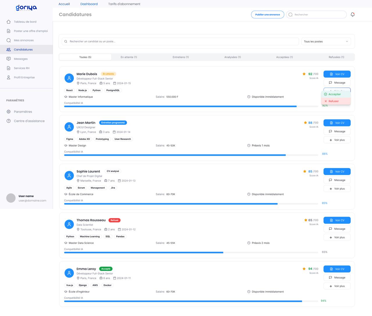 Page Candidatures de Goriya : chaque candidat noté par l'IA, avec ses compétences et sa compatibilité